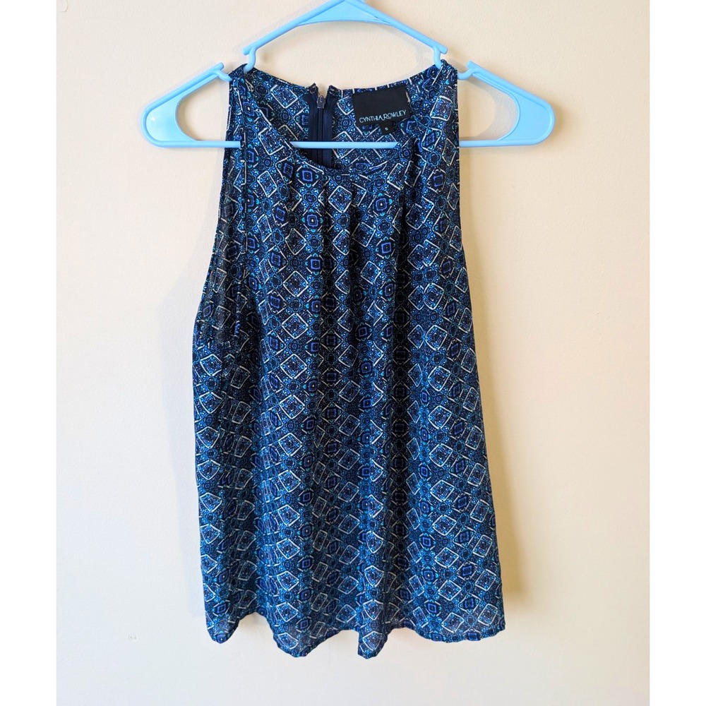 Cynthia Rowley Womens S Blue Black Geometric Sleeveless Shell Top Zip Back